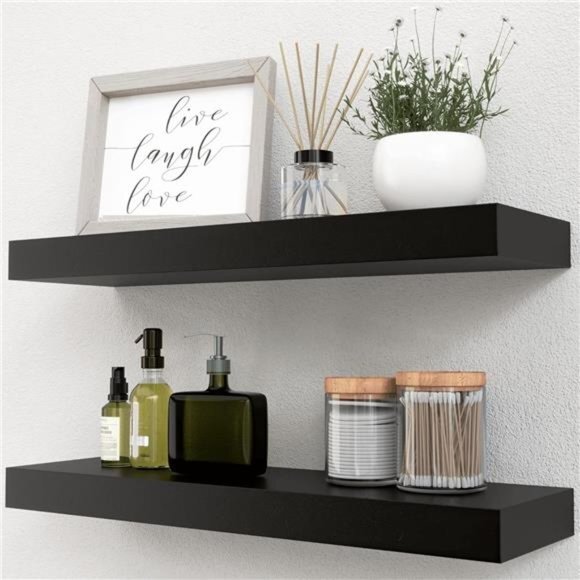 Black Floating Shelves Set‎ of 2, Mounted Modern Hanging Shelves for Wall Decor - Picture 1 of 16